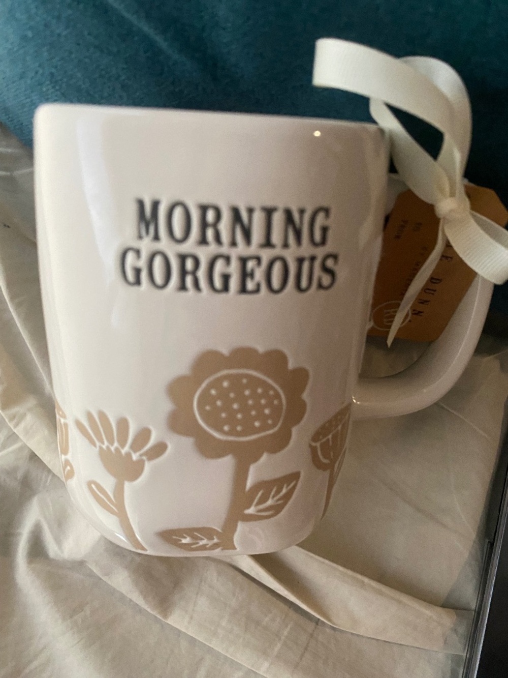 NWT Rae Dunn Ceramic "Morning Gorgeous" Floral Beige Coffee Tea Mug